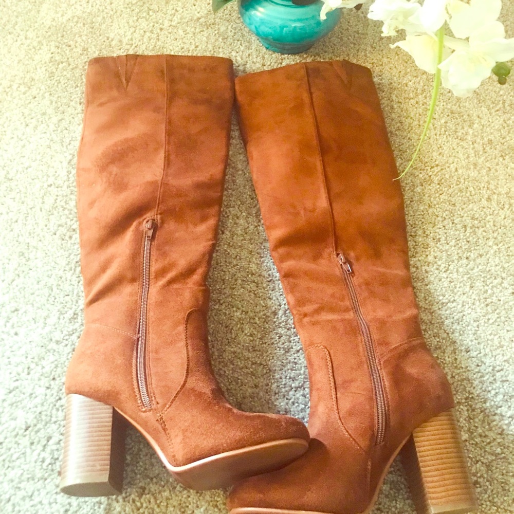 Brown Faux Suede Knee High Boots